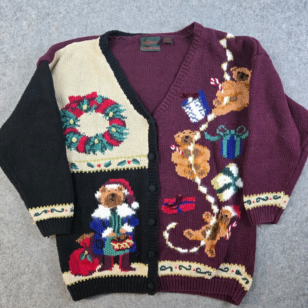 VTG Croft And Barrow Cardigan Sweater Womens L Christmas Bear Santa Grandma